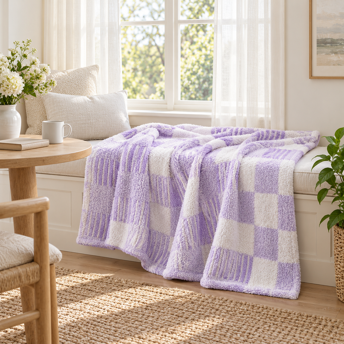 Nalisero knit throw blanket in two color check plaid spread open across a sunny breakfast room window seat