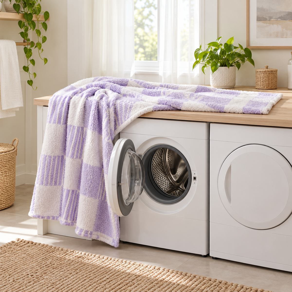 Nalisero soft throw blanket in two color check plaid beside a washer and dryer, machine washable in cold water
