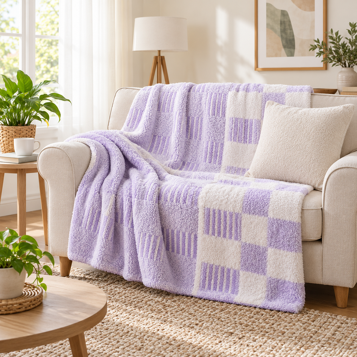 Nalisero lavender and white check and stripe throw blanket for couch draped over a cream loveseat