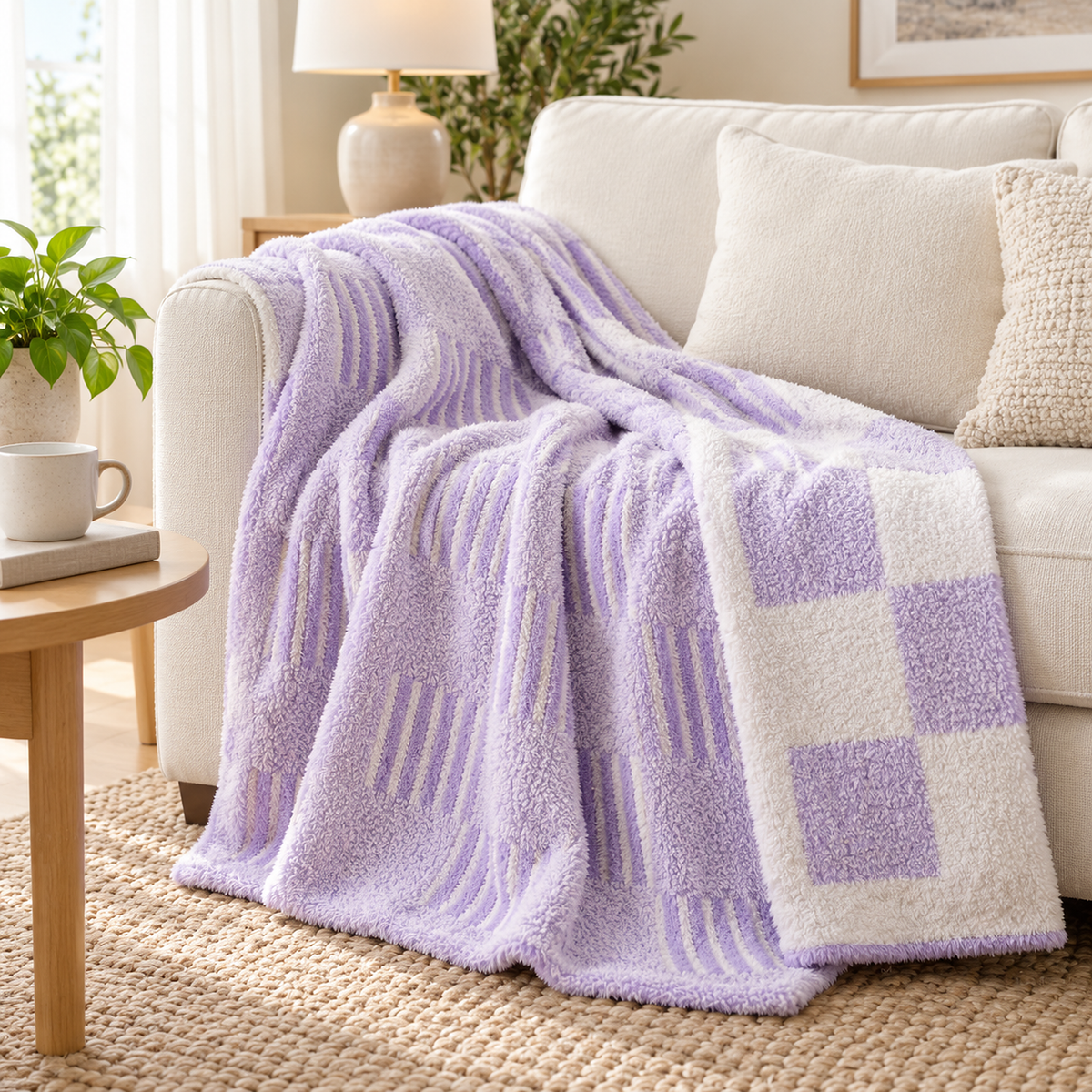 Nalisero two color check plaid throw blanket for couch open over a white sofa seat for reading