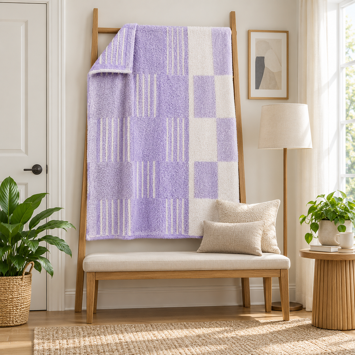 Nalisero lavender and white throw blanket on a wooden ladder behind a bench, upper left corner folded back