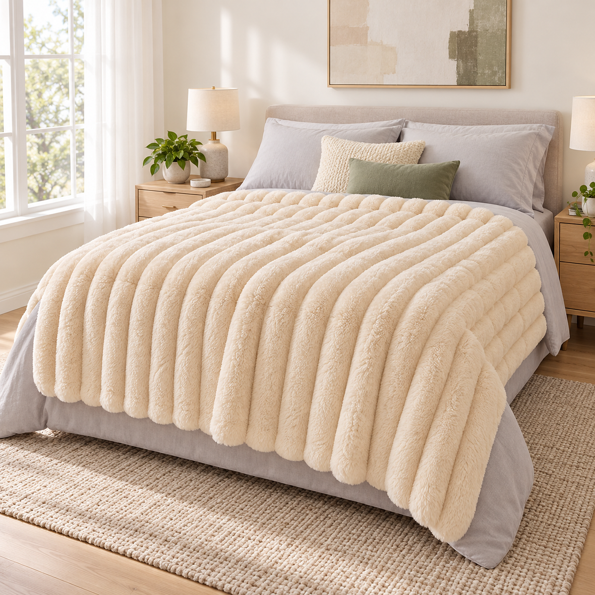 Nalomira ivory white fleece throw blanket spread over a bed paired with soft neutral bedding #color_ivory white