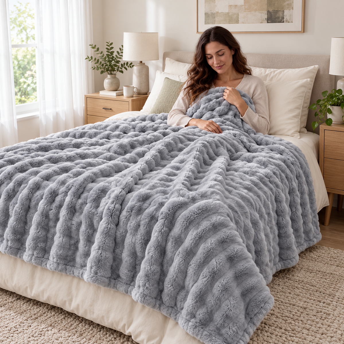 Nalomira light gray fleece throw blanket covering an adult resting in bed during the day