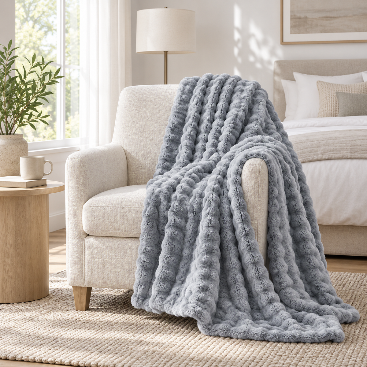 Nalomira light gray soft throw blanket draped over an armchair in a bedroom reading alcove