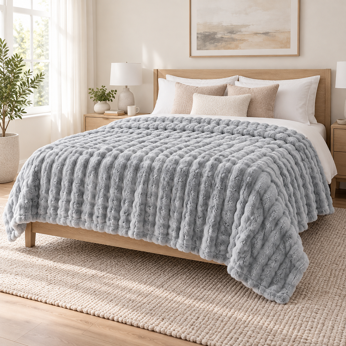 Nalomira light gray throw blanket on a guest bed with cushions showing its drop at the bedside