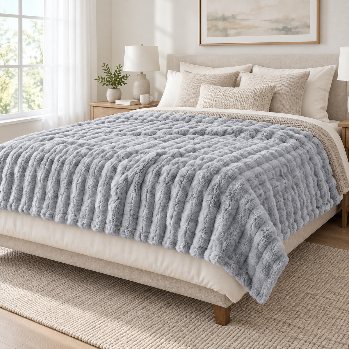 Nalomira light gray throw blanket showing its plush pile and a shallow drop over the mattress edge
