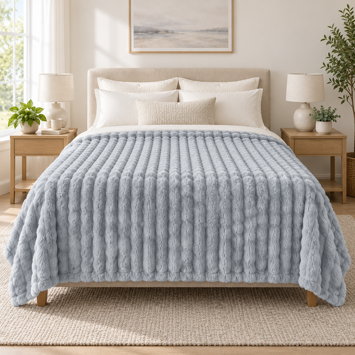 Nalomira light gray throw blanket spread over the bed with full coverage down the side
