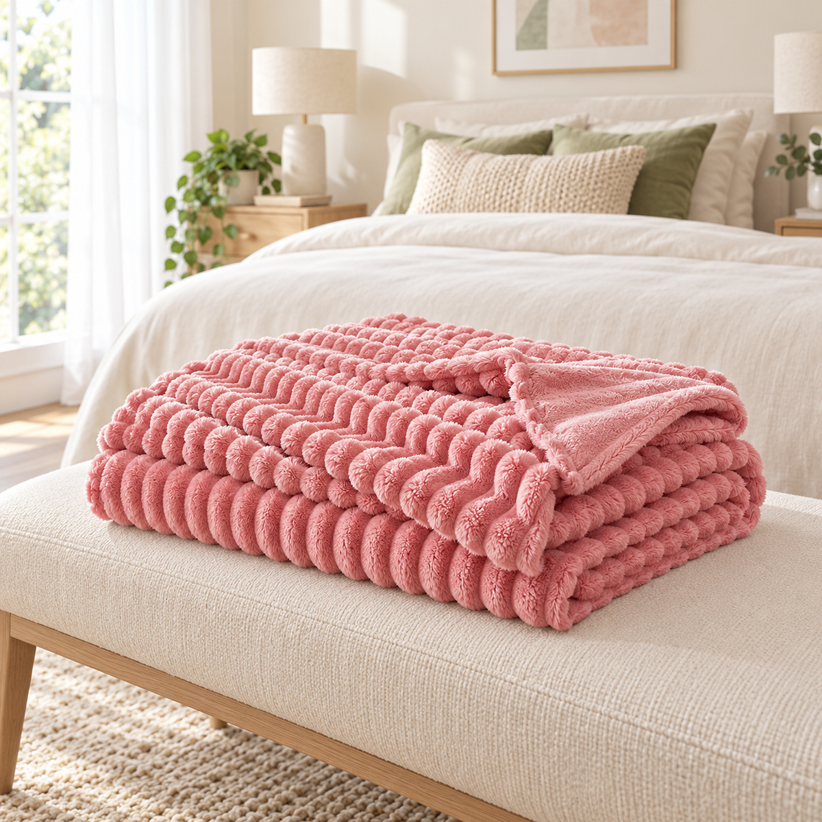 Nalomira pink plush throw blanket folded on an upholstered bench in the bedroom #color_pink
