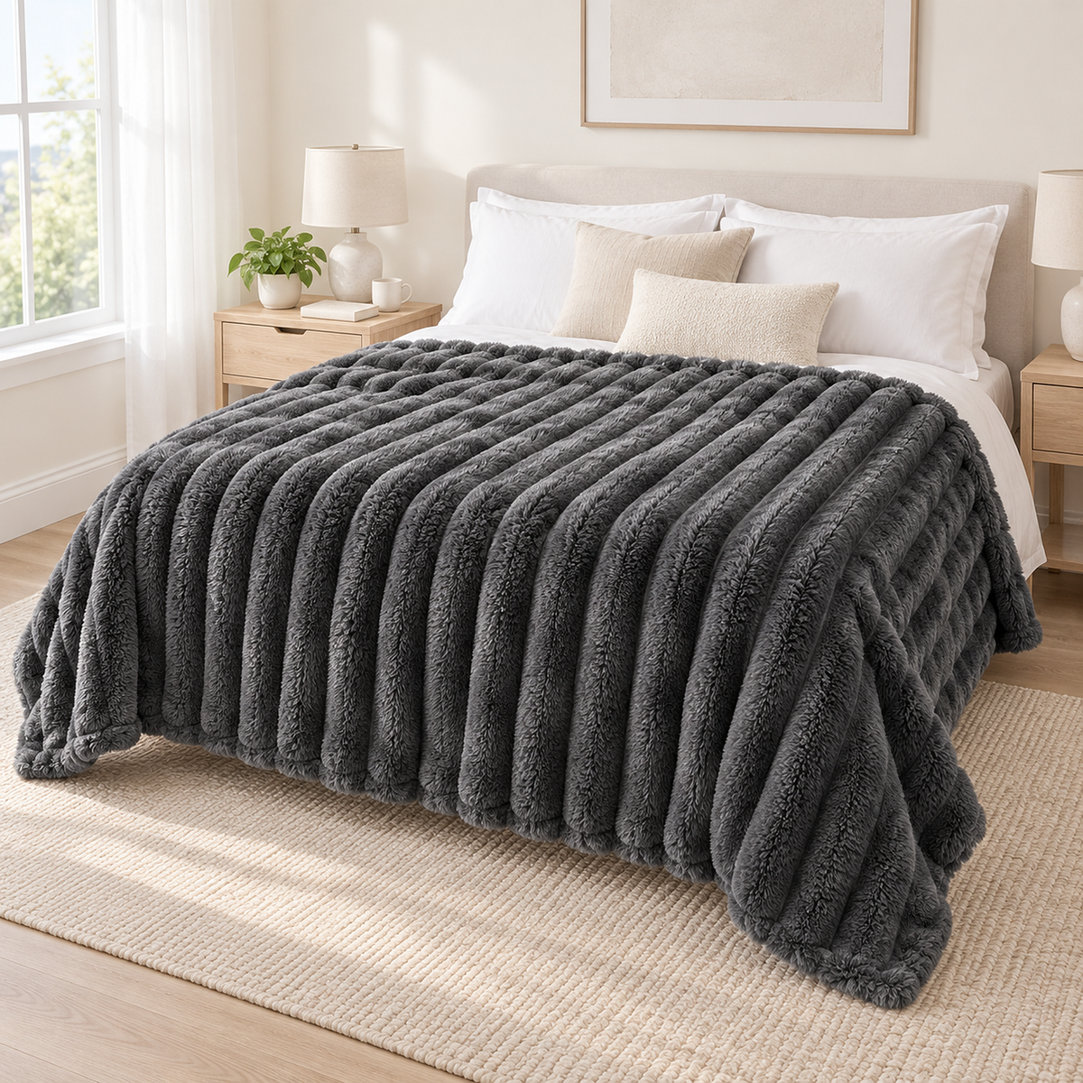 Nalomira space gray fleece throw blanket spread across white bedding on a made bed #color_space gray