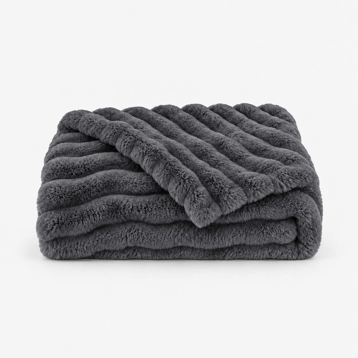 Nalomira space gray plush fleece blanket loosely folded on white showing its striped ribbed texture #color_space gray