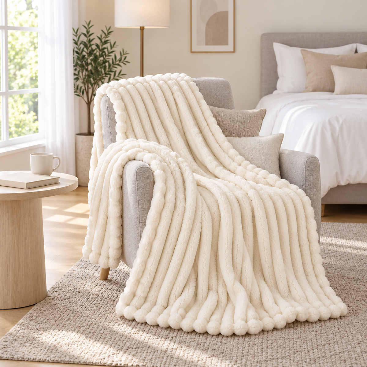 Nalorema ivory white fleece throw blanket draped over an armchair in a bedroom corner #color_ivory white