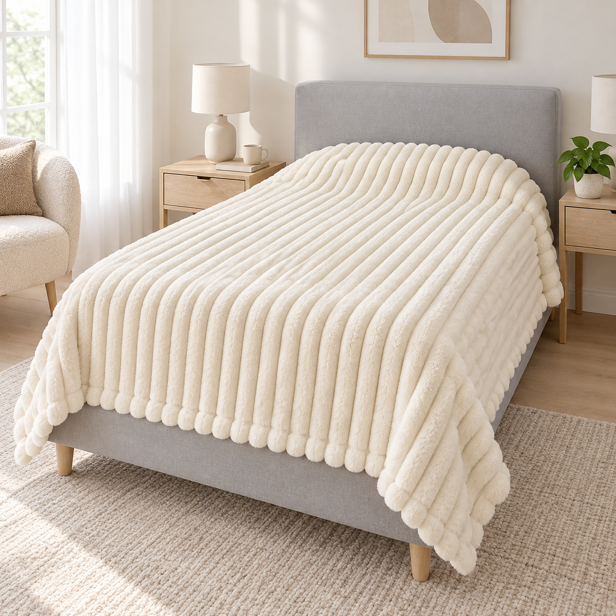 Nalorema ivory white plush throw blanket layered over an upholstered twin bed in a bright bedroom #color_ivory white