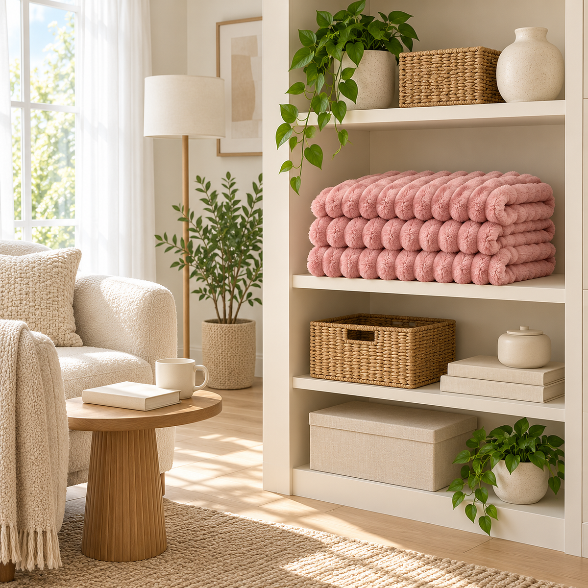 Nalorema Soft Pink fleece throw blanket folded on an open shelf beside an armchair and coffee table.