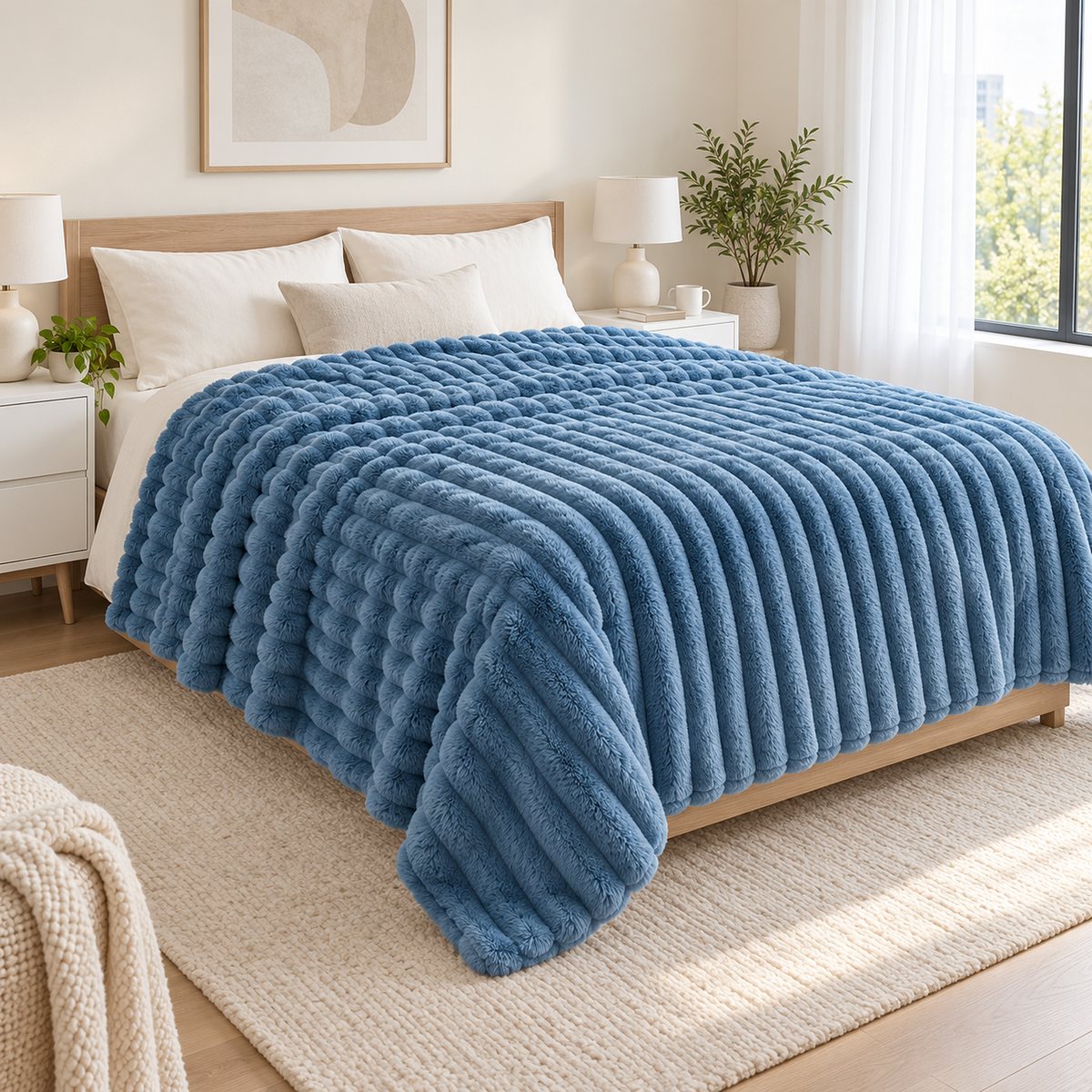 Nalorema ocean blue plush throw blanket covering a neatly made queen bed in a bright bedroom #color_ocean blue