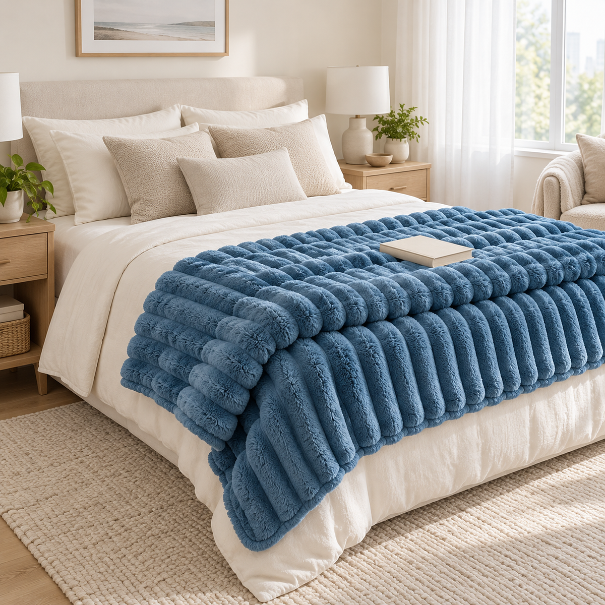 Nalorema ocean blue soft throw blanket folded at the foot of the bed, ready for reading #color_ocean blue