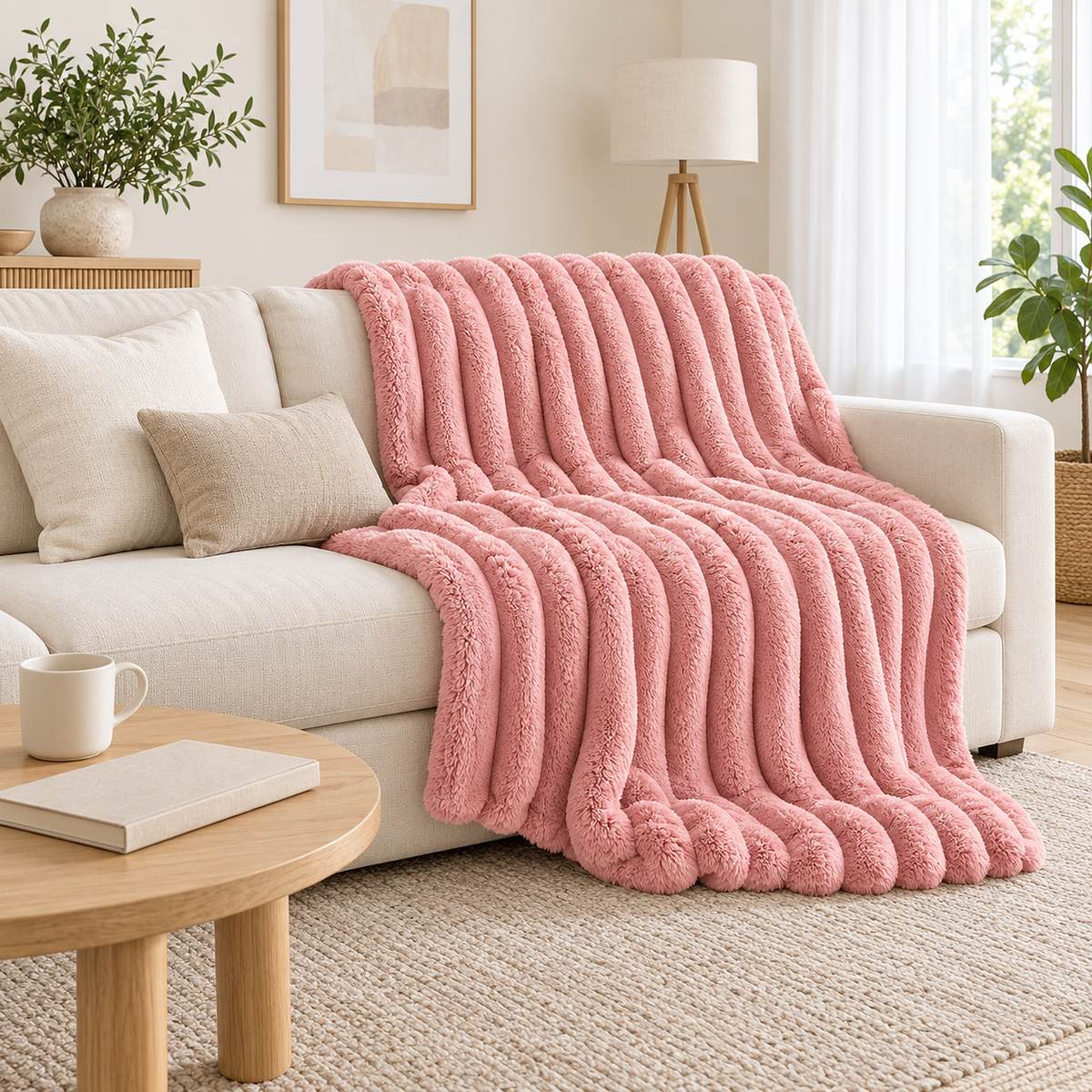 Nalorema soft pink fleece throw blanket opened across the seat of a sofa in a bright living room
