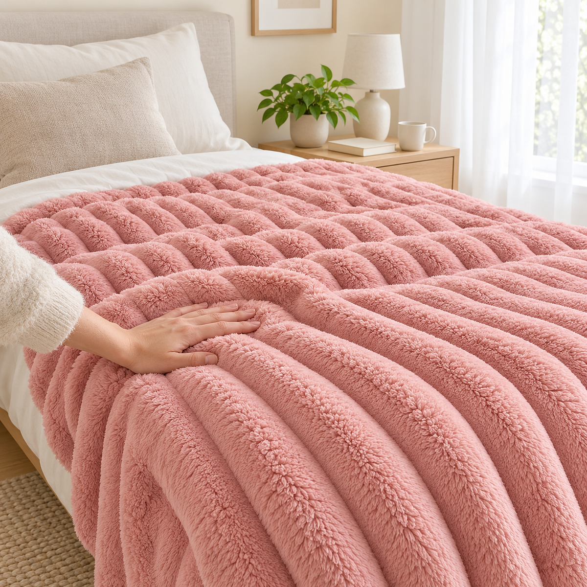 Nalorema soft pink fleece throw blanket smoothed flat by a hand on the bed, close up of the fabric