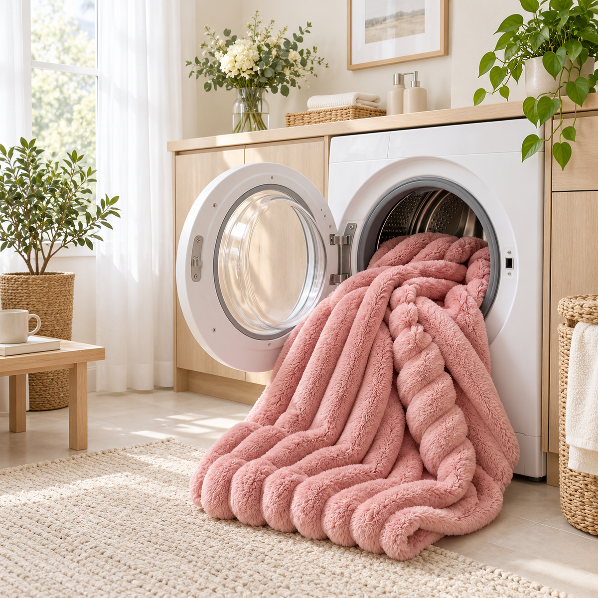 Nalorema soft pink machine washable fleece throw blanket beside the washer in a home laundry room