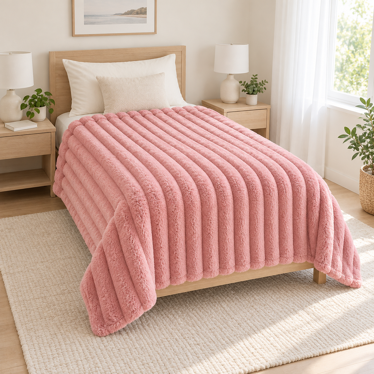 Nalorema soft pink plush throw blanket spread neatly over an ivory upholstered twin bed