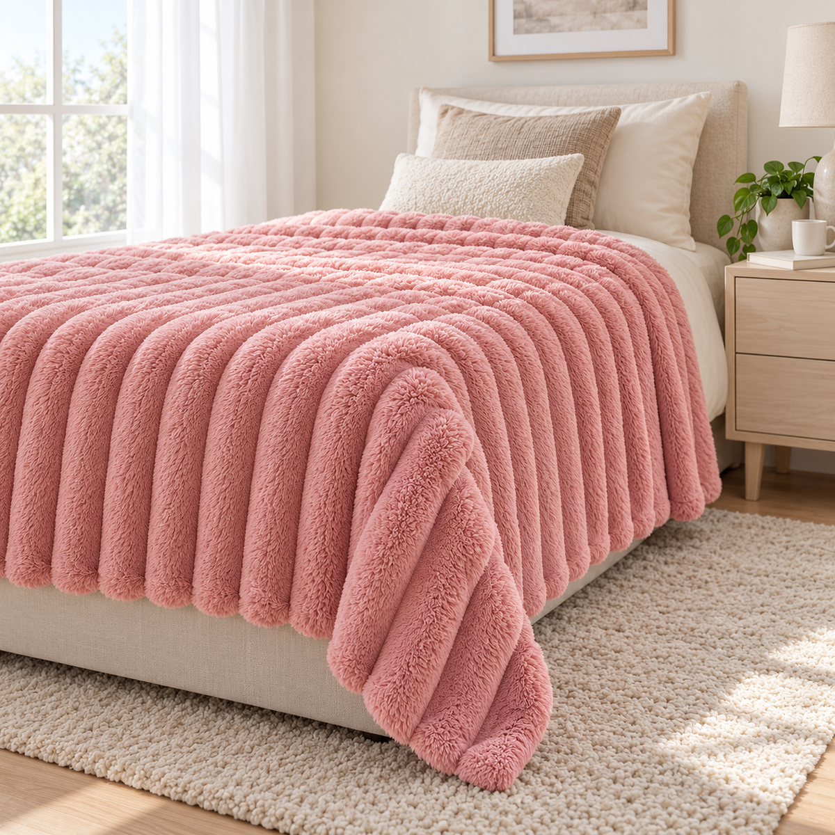 Nalorema soft pink throw blanket showing its thickness and drop beside the mattress