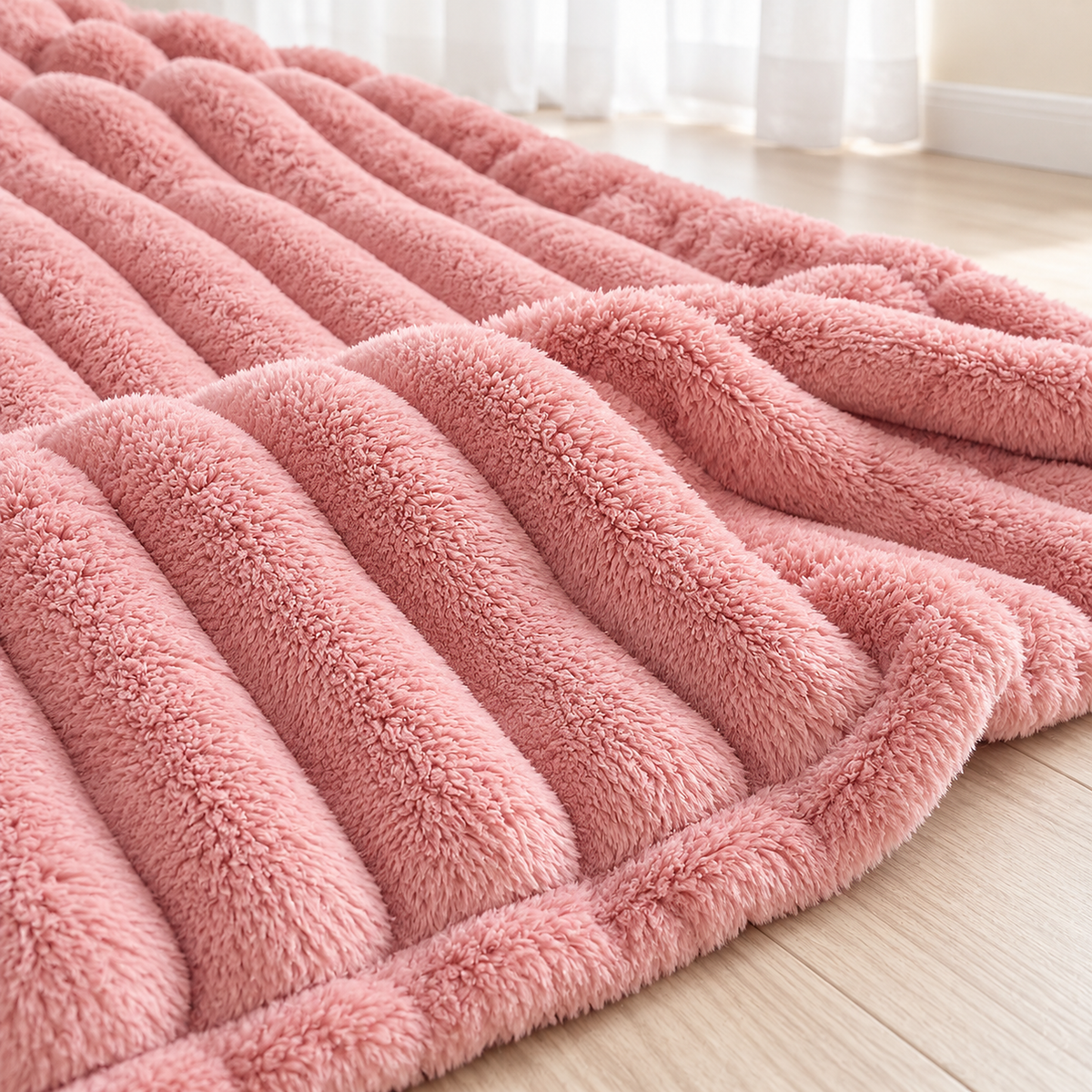 Nalorema soft throw blanket in soft pink, close up of the coral fleece and fuzzy pile