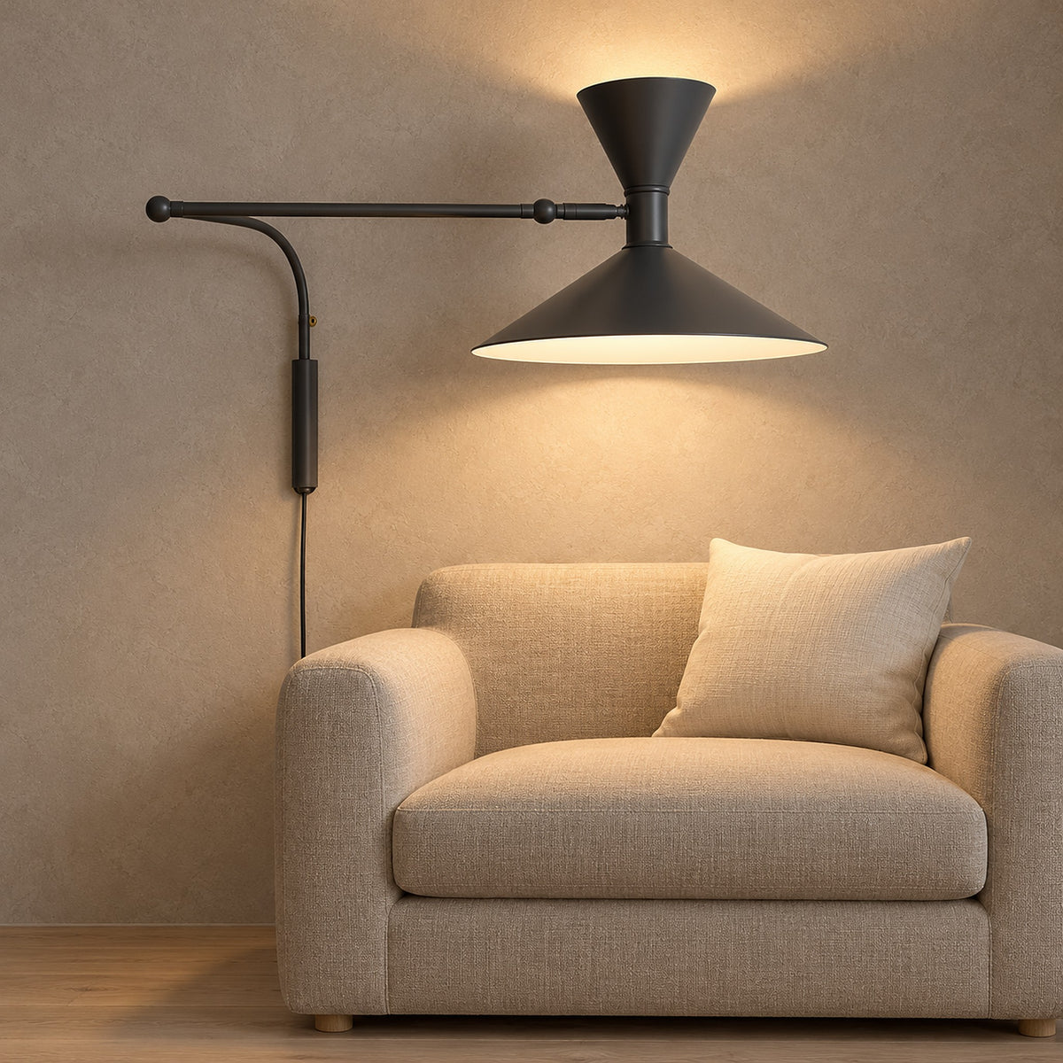 Nalveto black wall lamp casting warm light onto an oatmeal den chair #color_black