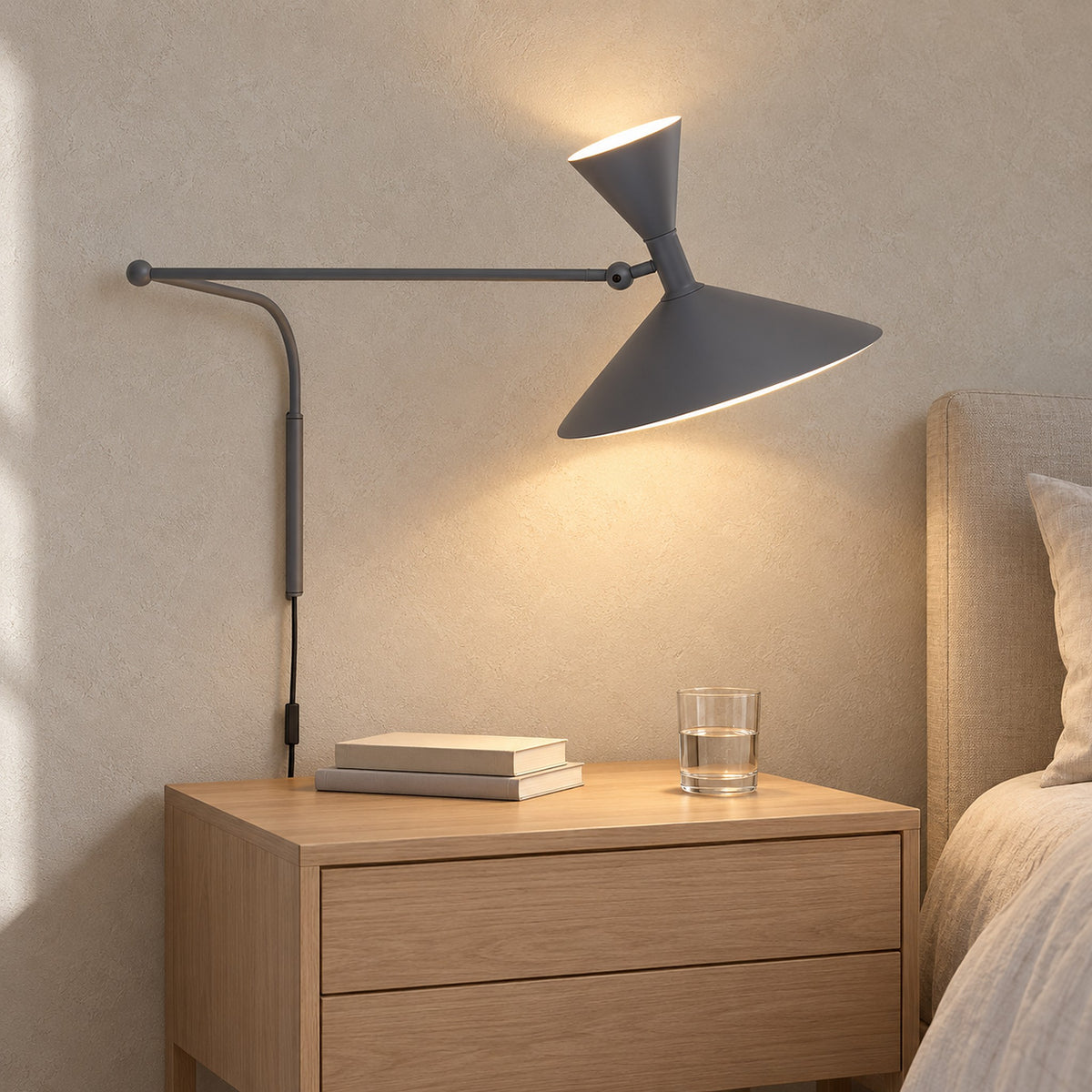 Nalveto gray plug in wall light lit by day, leaving the primary bedroom bedside table free #color_gray