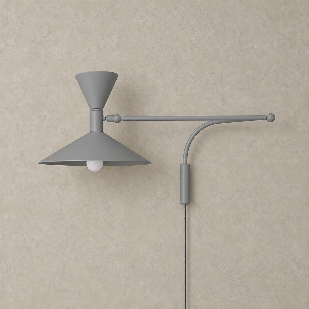 Nalveto gray plug in wall sconce, unlit, with a metal swing arm and double cone shade #color_gray