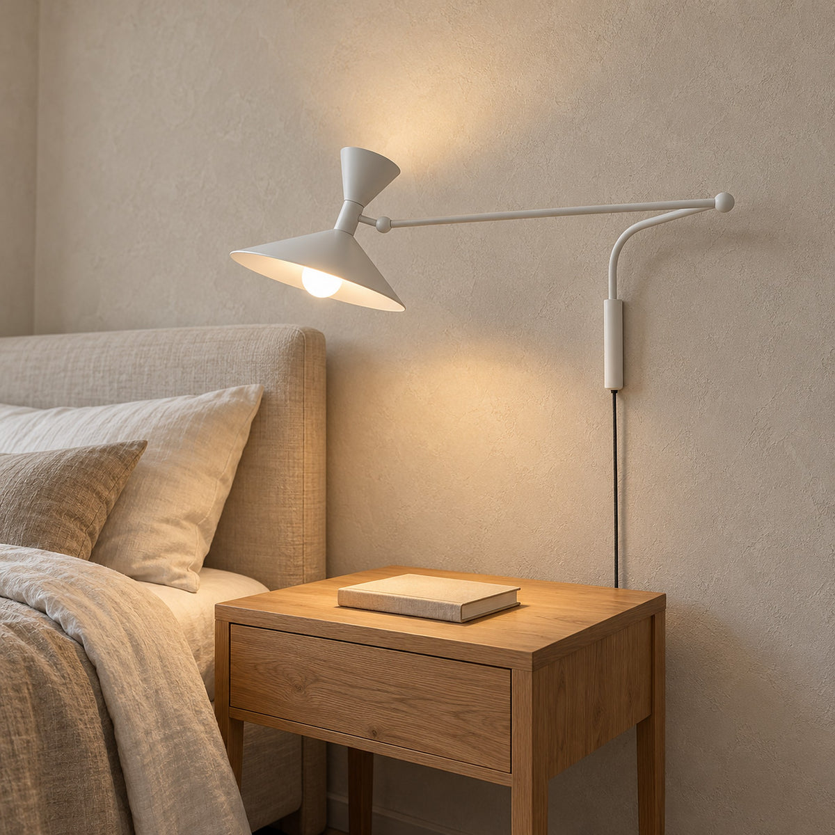 Nalveto white bedside wall light with a tilted head above guest bedroom furniture
