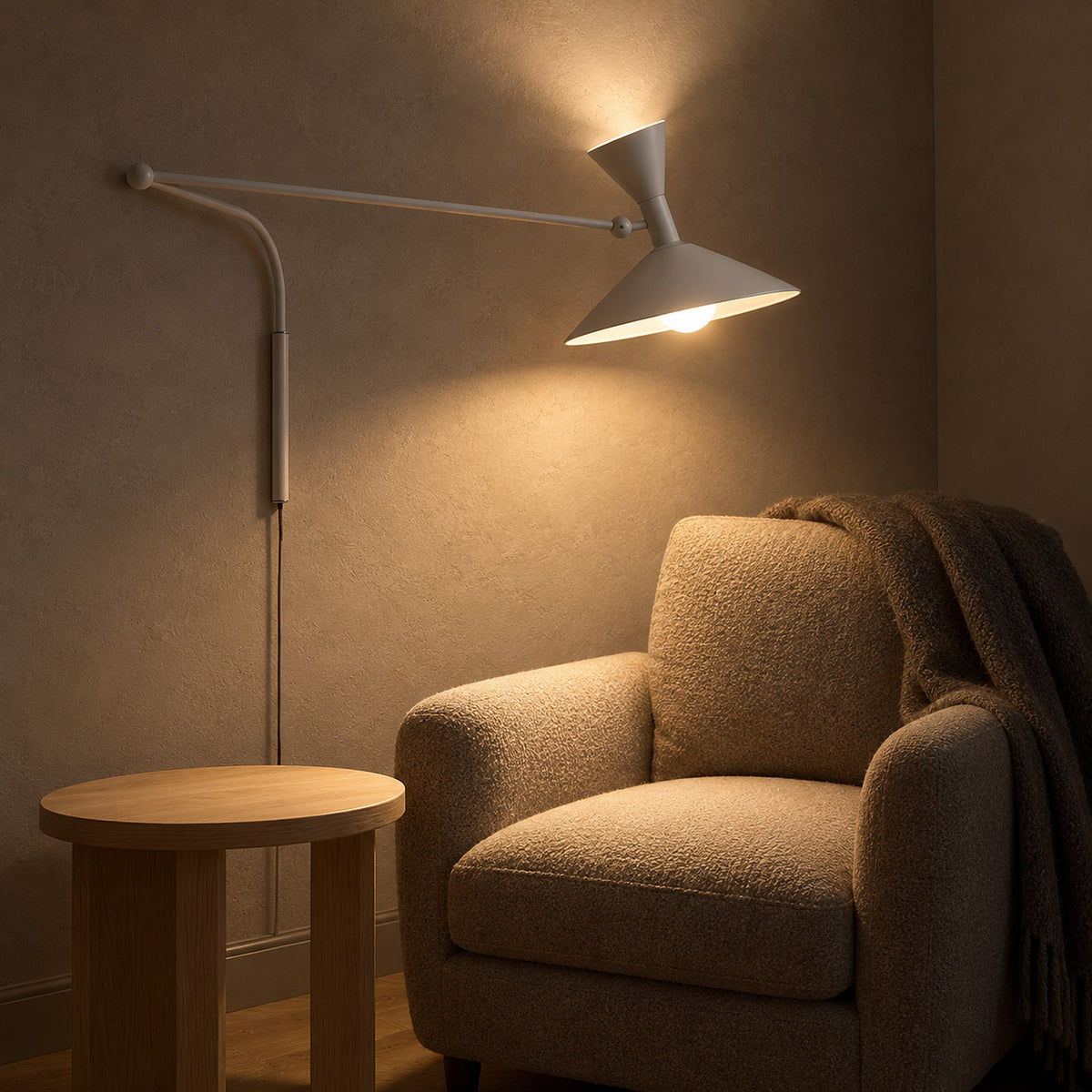 Nalveto white plug in wall lamp lighting a den chair after dark with warm light