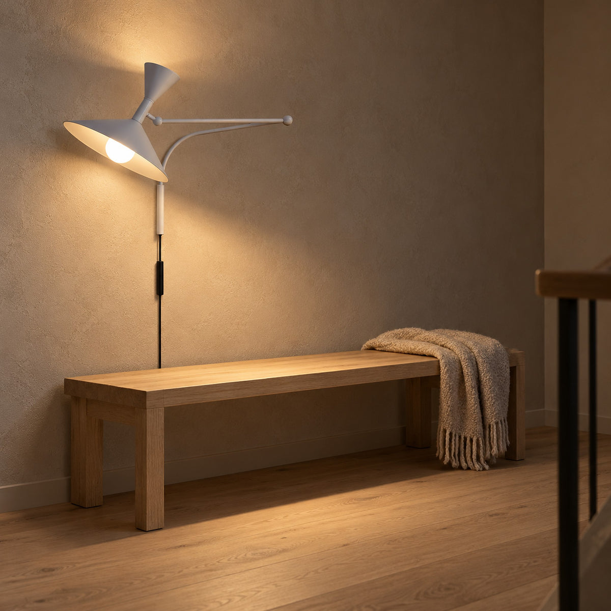 Nalveto white swing arm wall light above a bench on a stair landing