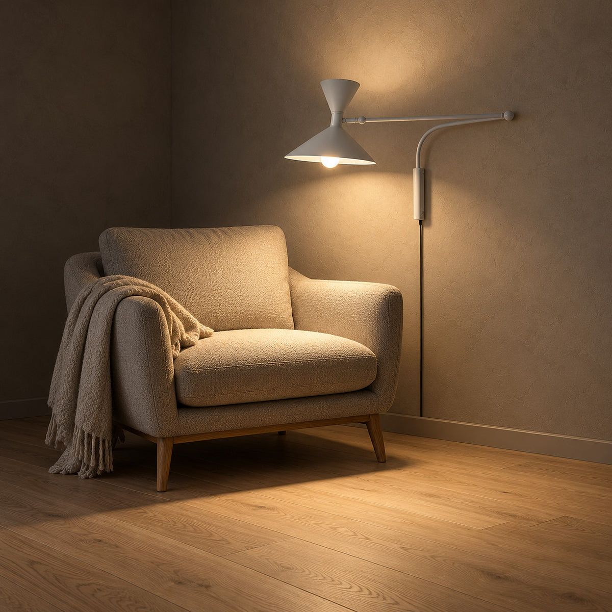Nalveto white wall lamp lighting a living room armchair with a warm glow at night