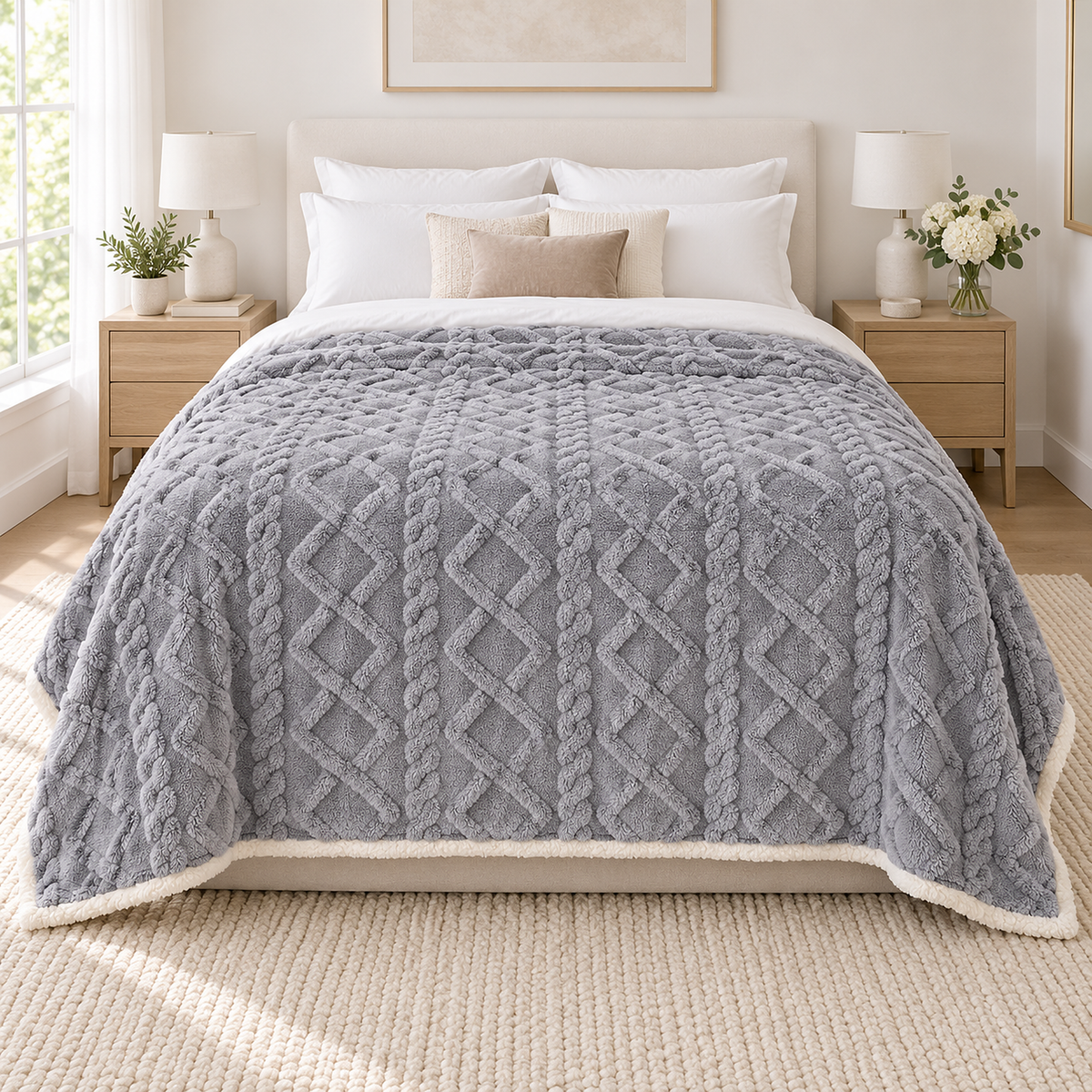 Narelvo charcoal fleece throw blanket over a white upholstered queen bed with equal drops on both sides