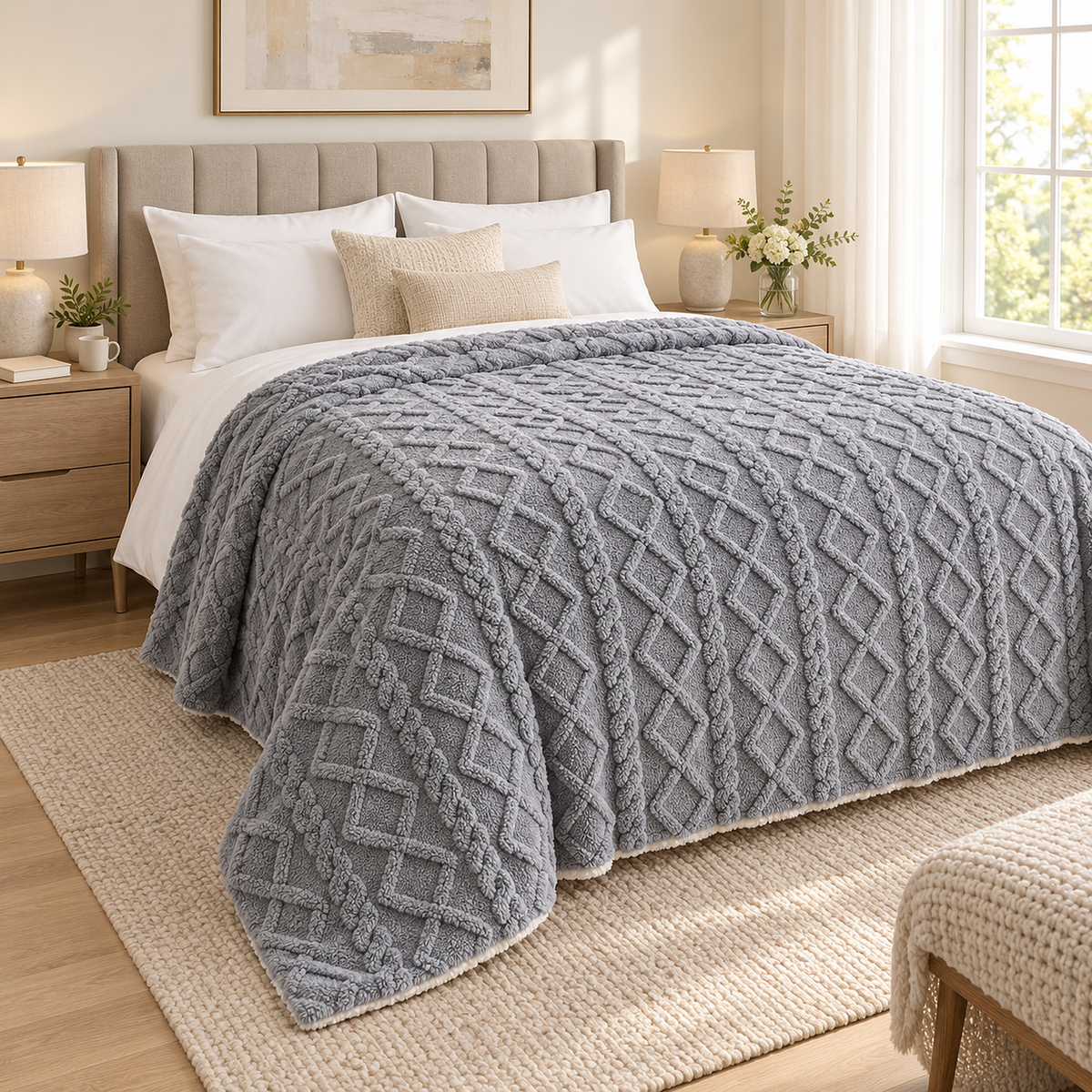 Narelvo charcoal fleece throw blanket showing its side drop beside a queen mattress in a bright guest bedroom