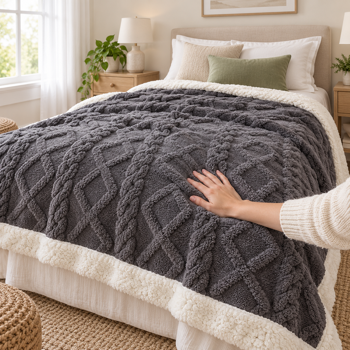 Narelvo charcoal plush throw blanket gently pressed by one hand showing the raised fleece texture