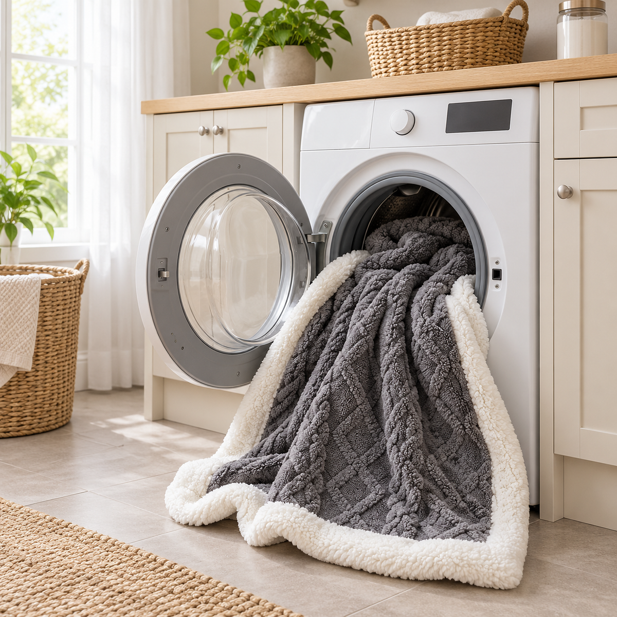 Narelvo charcoal sherpa throw blanket in a bright utility room ready for a low temperature machine wash