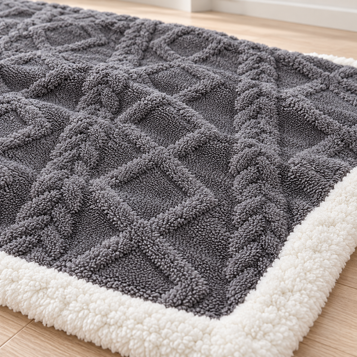 Narelvo charcoal soft throw blanket close up of the coral fleece with its raised geometric cable pattern