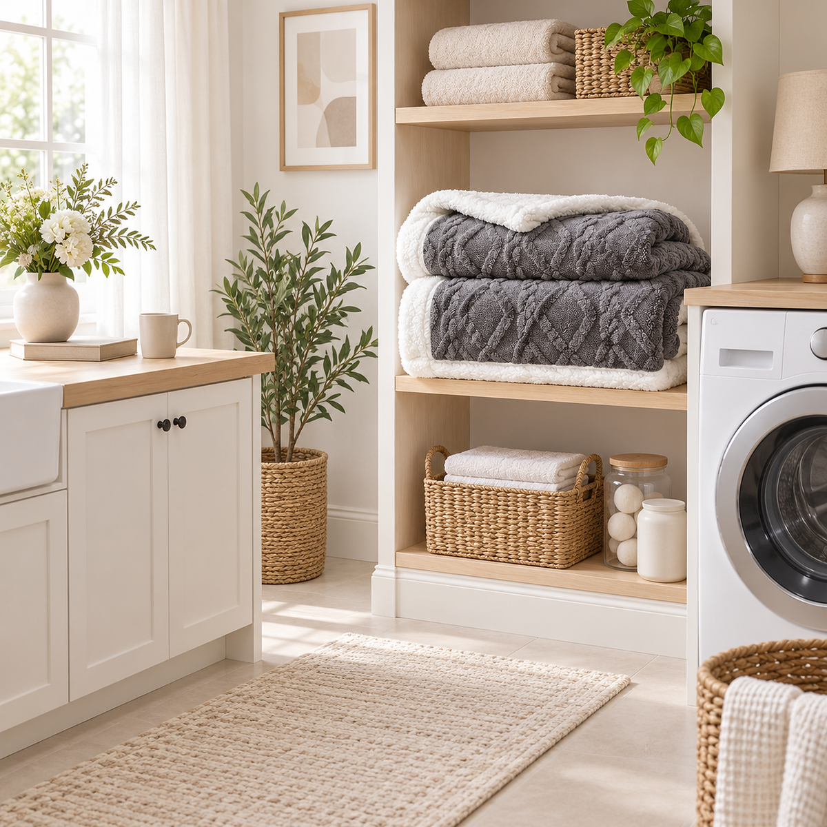 Narelvo Charcoal soft throw blanket folded on shelving with white reverse beside a front loading washing machine