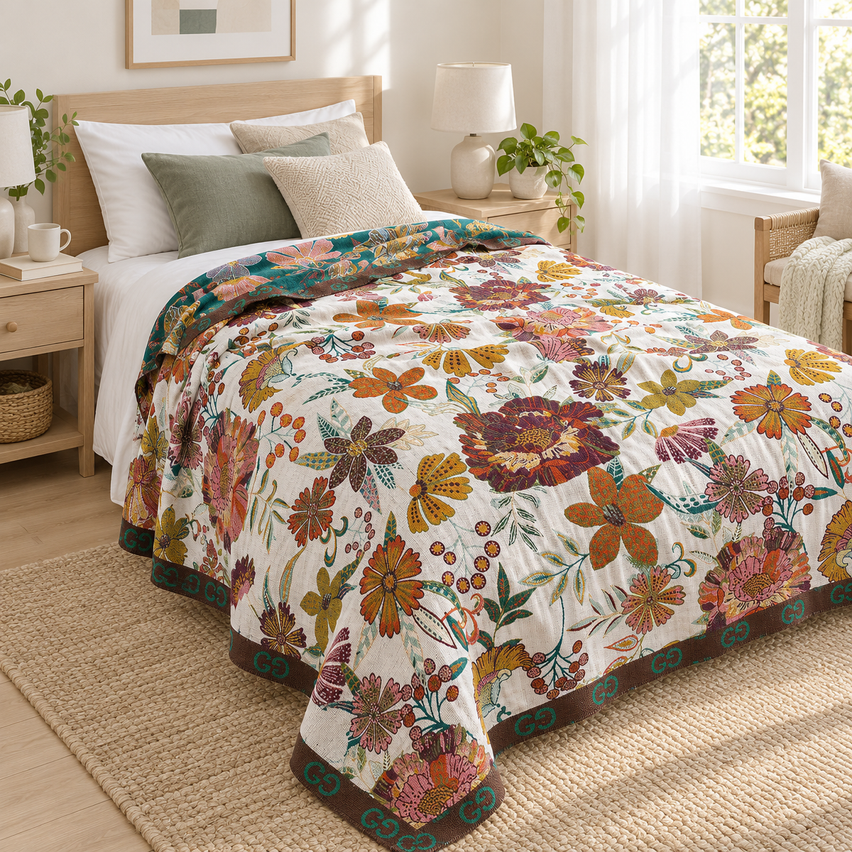 Narvoli cotton throw blanket in multicolor & cotton falling over the mattress edge of a bright guest bed