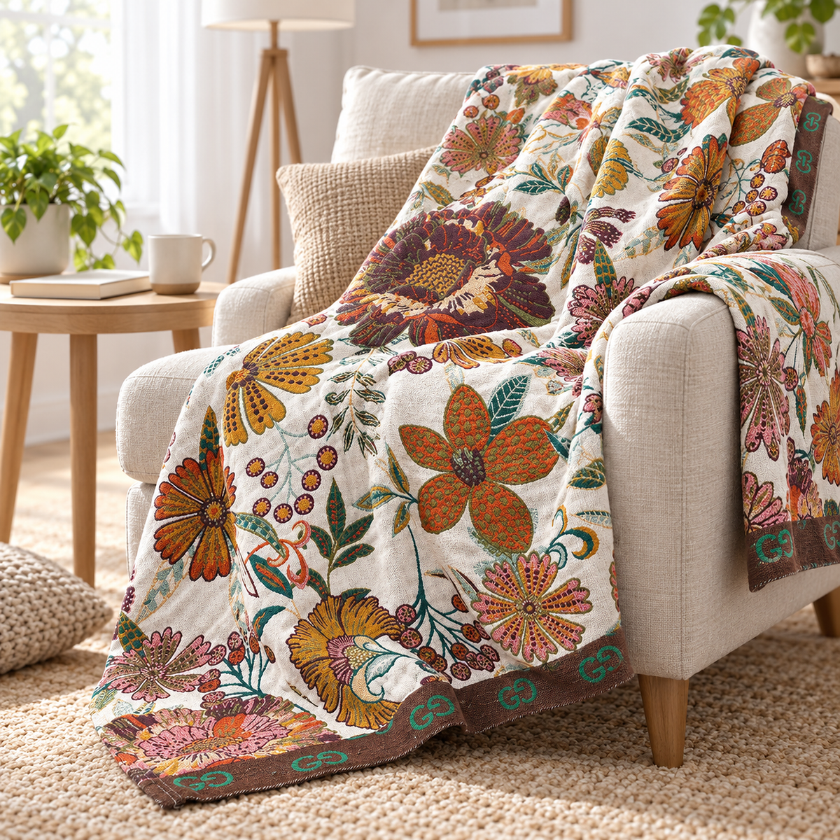 Narvoli cotton throw blanket in multicolor & cotton with its brown floral border shown up close