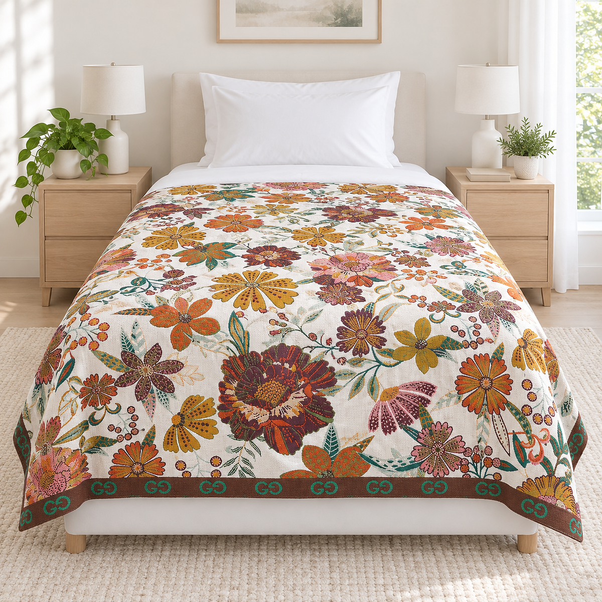 Narvoli multicolor & cotton queen size blanket centered on a made bed with equal drops on both sides