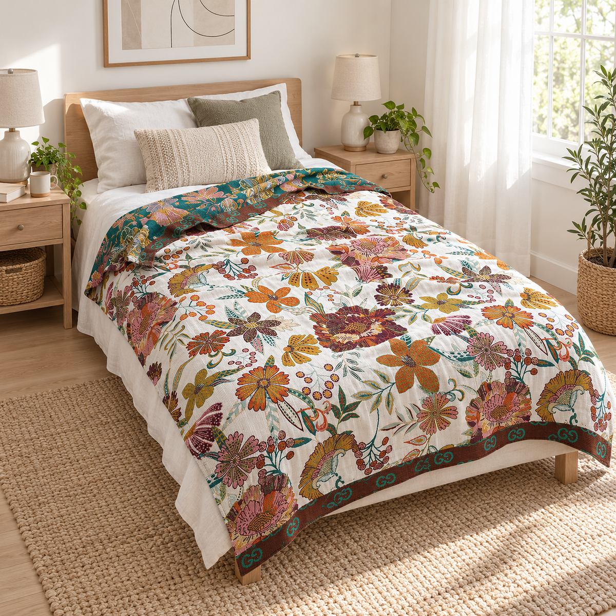Narvoli multicolor & cotton soft throw blanket as a summer bed layer beside pillows in a sunny bedroom