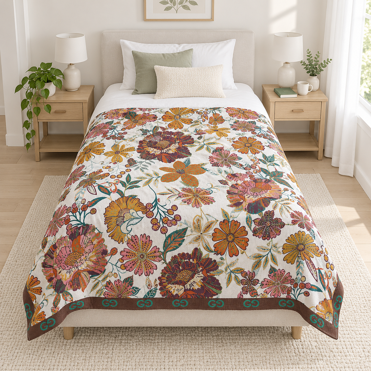 Narvoli throw blanket in multicolor & cotton fully open on a made twin bed in a bright white bedroom