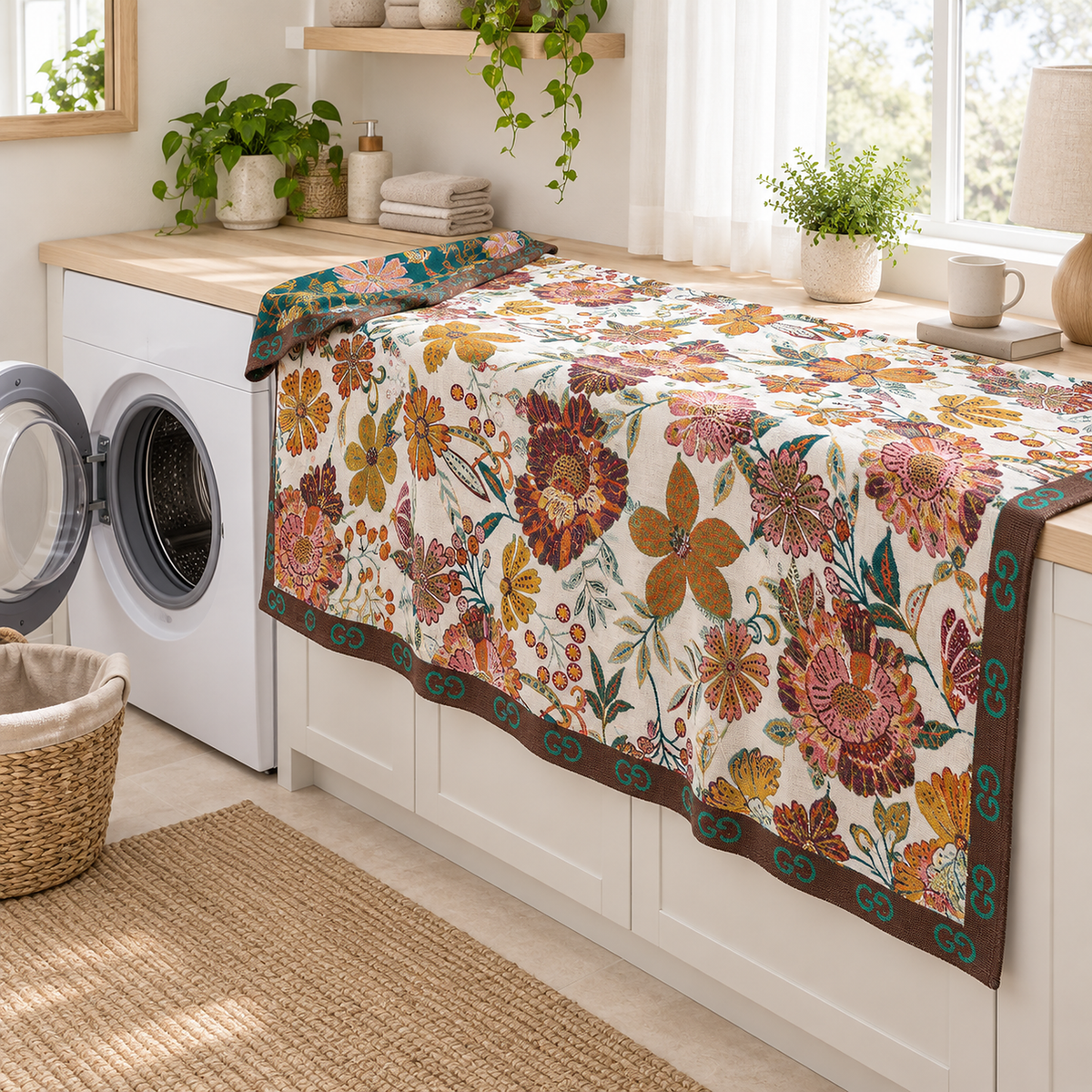Narvoli throw blanket in multicolor & cotton ready for a gentle machine wash beside an open washer at home