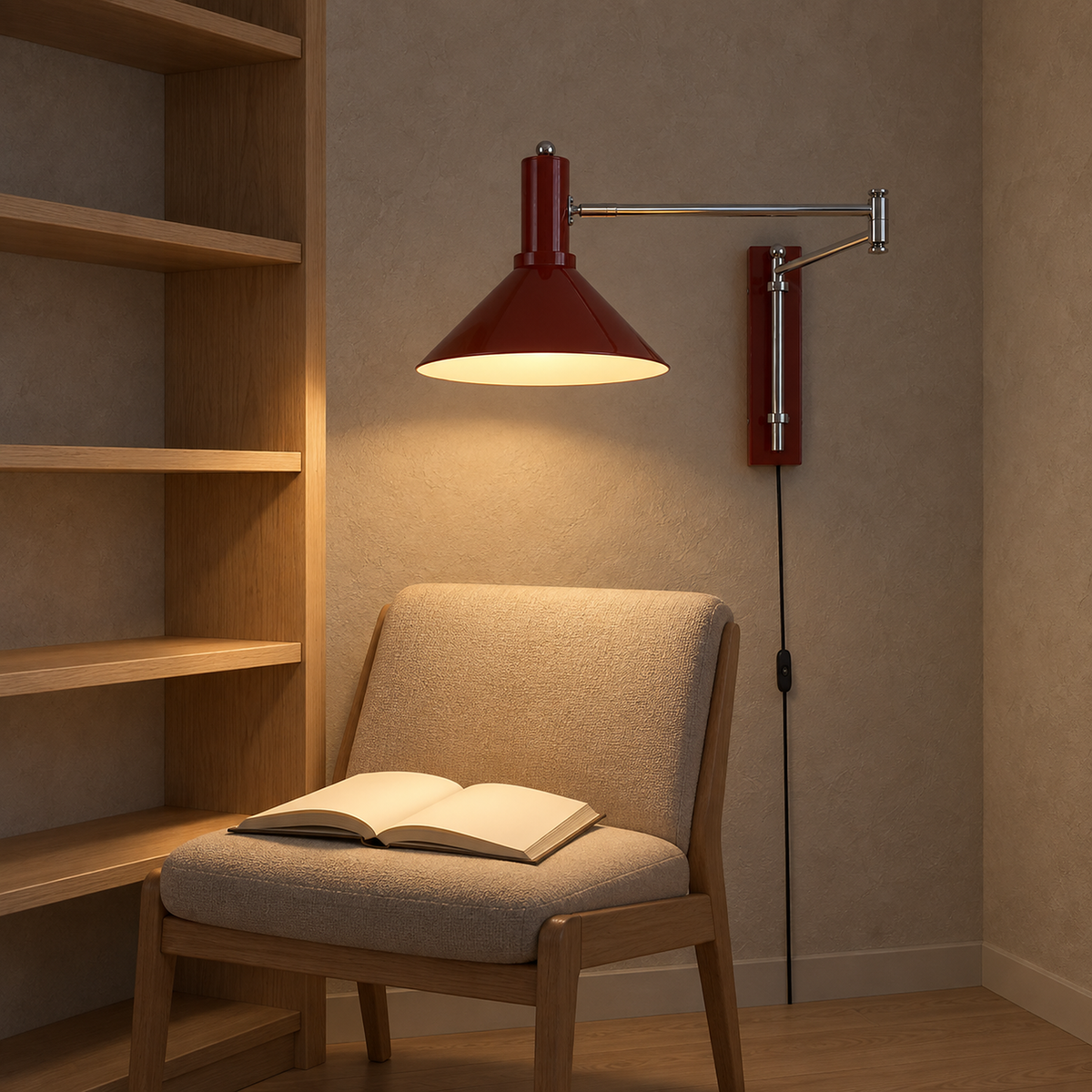 Navellir cherry red wall sconce lit and reaching over a reading chair in a library nook #color_cherry red
