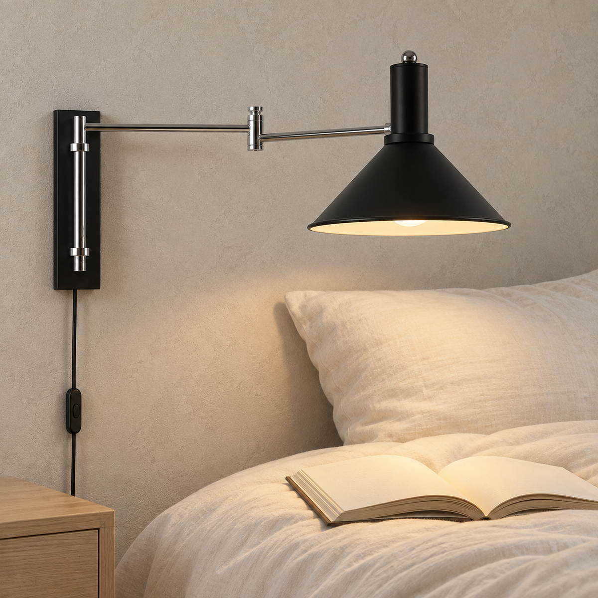 Navellir matte black bedside lamp lit and reaching over an open book in the primary bedroom