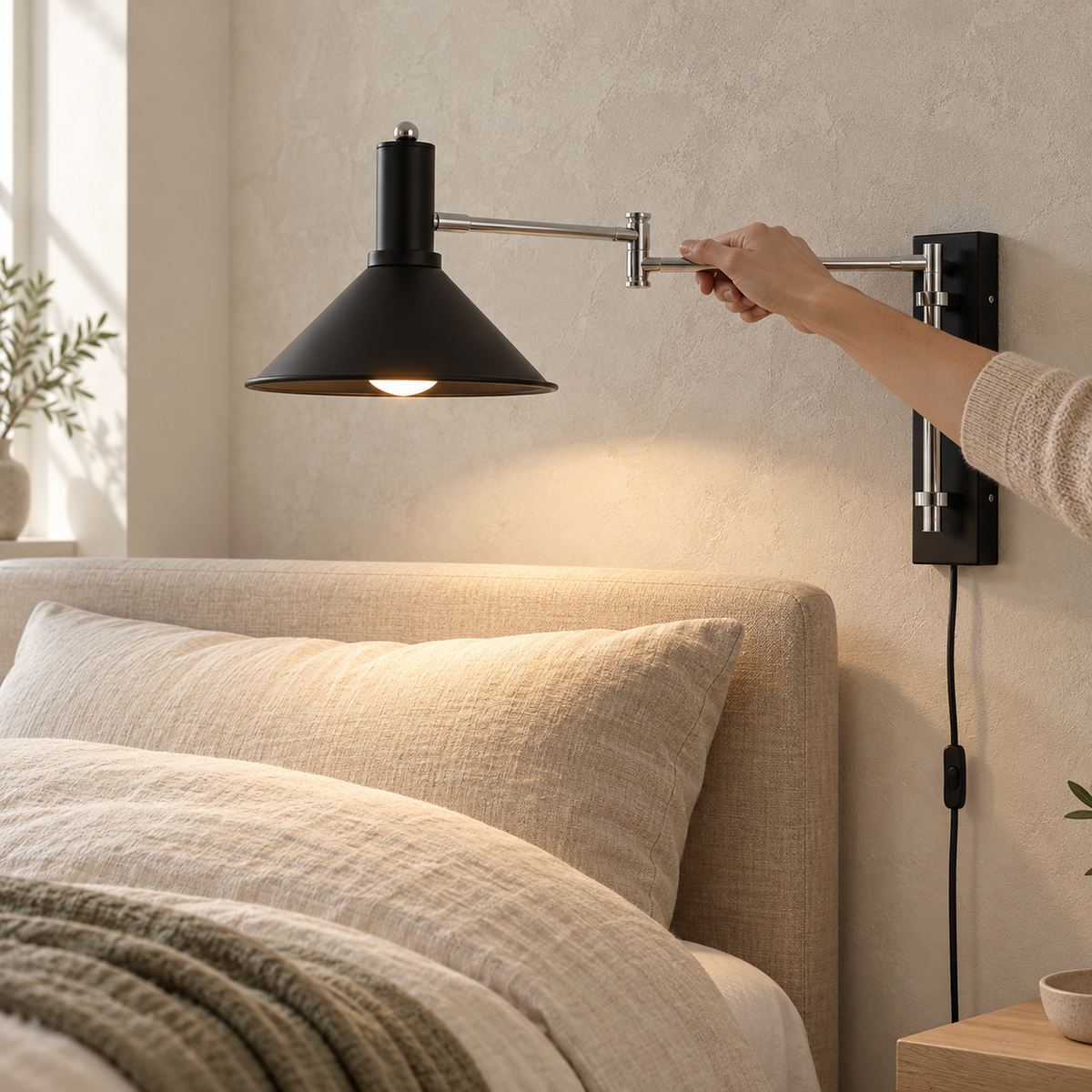 Navellir matte black wall sconce being swung outward by hand in a guest bedroom