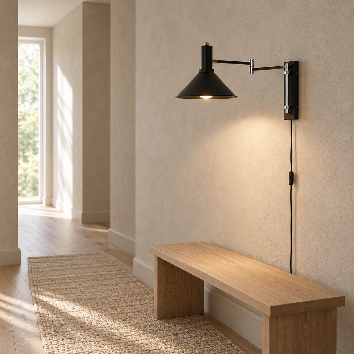 Navellir matte black LED wall sconce lit in a hallway held by one slim rectangular backplate