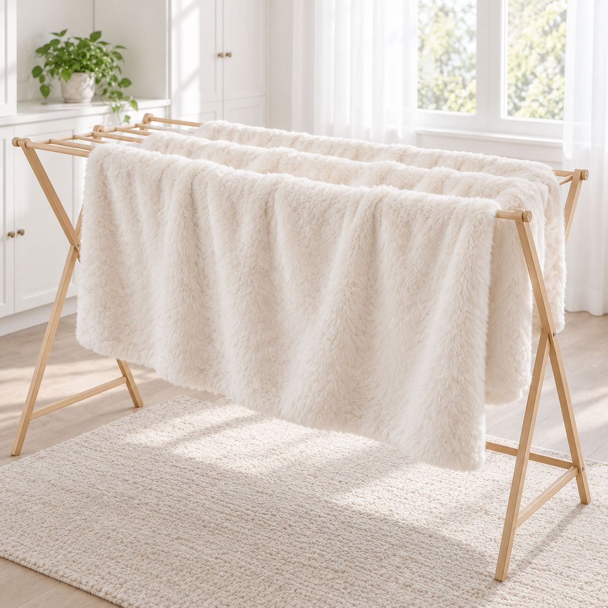 Navorel white faux fur throw blanket air drying on a wooden rack beside a laundry window