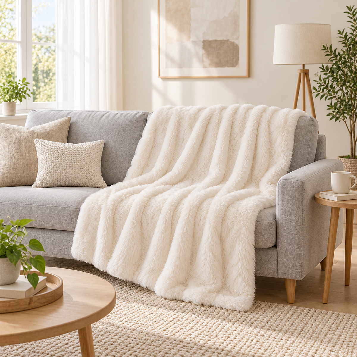 Navorel white faux fur blanket draped in broad loose folds over a light gray living room sofa